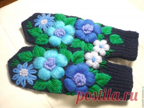 Купить варежки с вышивкой Тёмно синий - тёмно-синий, цветочный, варежки с вышивкой, варежки