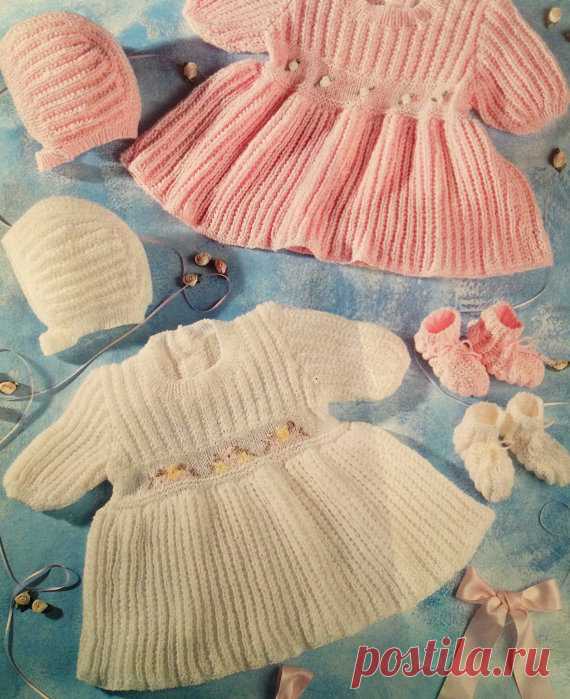 baby knitting pattern for girls dresses bonnets and booties in size 16 18 20 and 22 inch This item is a PDF file of the knitting pattern for these gorgeous baby items.    The pattern will be available for download upon receipt of payment, for you to print out or read from your computer.    These stunning dresses are knit in dk yarn and have the most gorgeous matching booties and bonnets.    All patterns are sent with a UK/USA needle conversion chart.