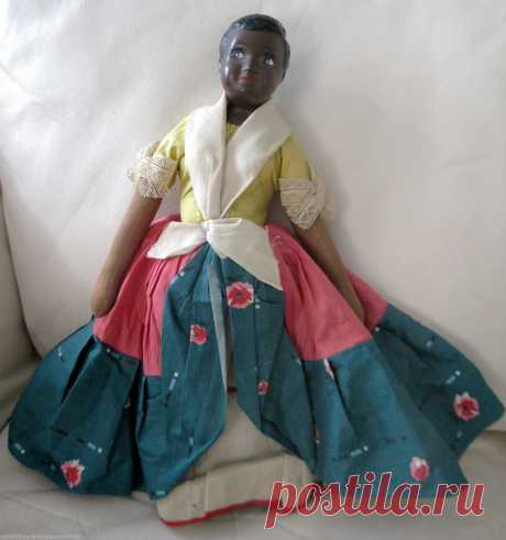 Vintage Textile Dress Black Primitive Folk Art Celluloid Face Cloth Doll 15&quot; | eBay