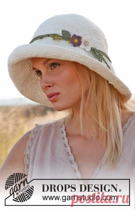 Marlene - Crochet DROPS hat in 2 strands &quot;Bomull Lin&quot; or 2 strands &quot;Paris&quot;. - Free pattern by DROPS Design
