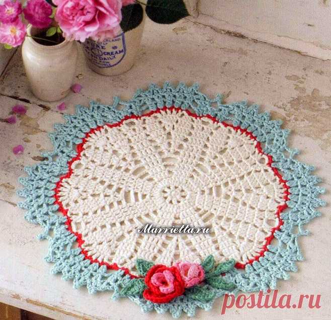 Круглая салфетка с розочками крючком. Схема