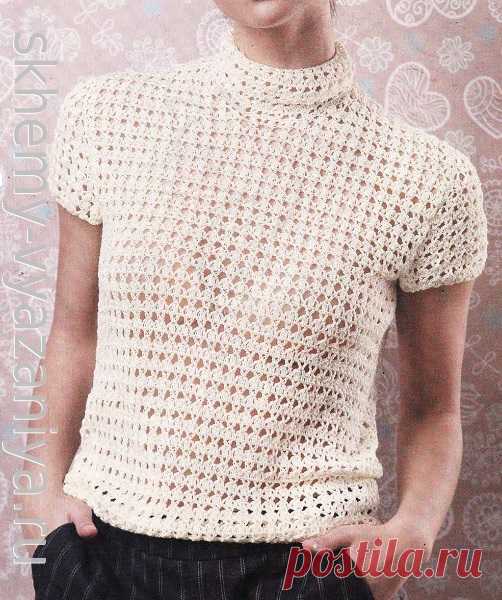 Топ с узором из пышных столбиков и воротником стойкой. Схема вязания крючком и описание.