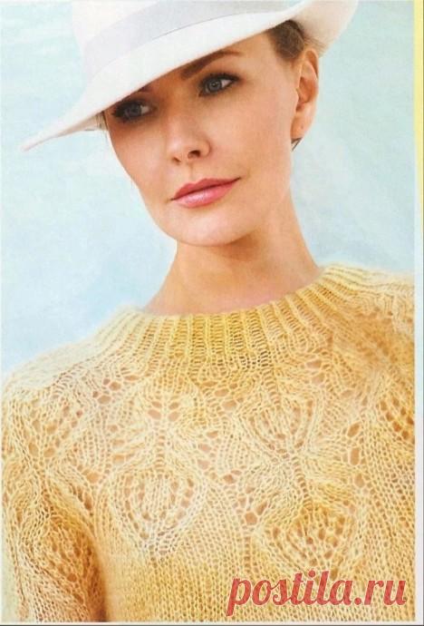 Джемпер с круглой кокеткой, вяжем из мохера