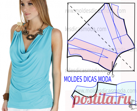 Blusa azul claro com gola drapeada molde passo a passo Faça a leitura da transformação do molde da blusa azul claro com gola drapeada na frente com rigor antes de iniciar qualquer outro processo. Imprima o...