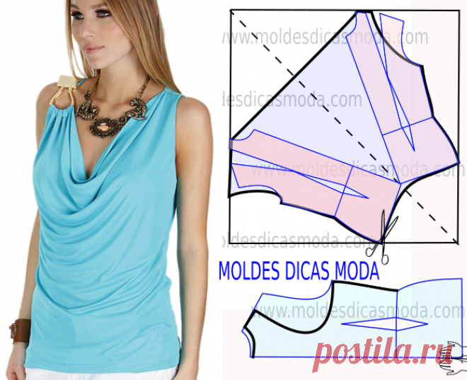 Blusa azul claro com gola drapeada molde passo a passo Faça a leitura da transformação do molde da blusa azul claro com gola drapeada na frente com rigor antes de iniciar qualquer outro processo. Imprima o...