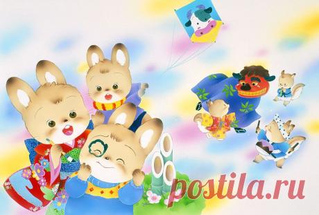 Животных иллюстрации Новый год, месяц крылья, кролики, которые воздушных змеев