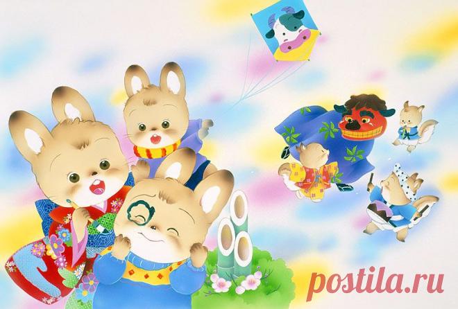Животных иллюстрации Новый год, месяц крылья, кролики, которые воздушных змеев