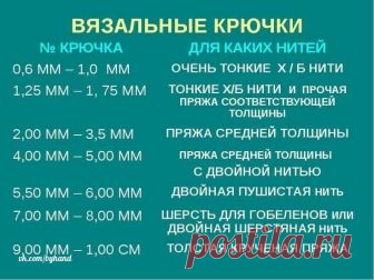 Вязальщицам на заметку! Полезная информация для всех, кто вяжет крючком. Сочетание номера крючка и типа пряжи, которая должна для него применяться.