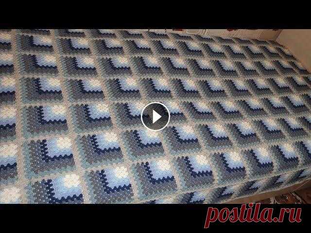 Плед 3D крючком. Часть 2 Обвязка. Безотрывное соединение Бабушкиного квадрата Плед связан Бабушкиными квадратами крючком №4 из полушерсти. Размер пледа 120х200 см, вес 1,6 кг. Расход пряжи по цветам: 1 - 100 гр (белый) 2 - 100 г...
