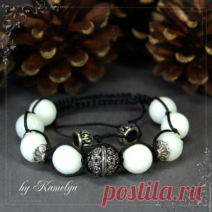 Купить Браслет Шамбала Shamballa "Белый нефрит" - натуральные камни, серебро 925 пробы