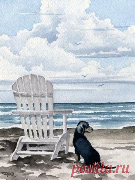 DACHSHUND At The BEACH Dog Watercolor Signed Fine Art Print by Artist DJ Rogers