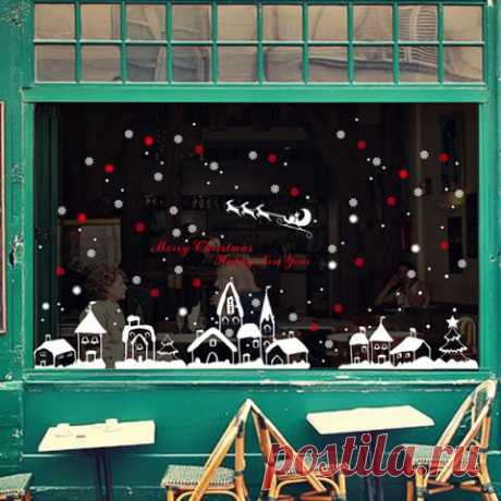 Red/white Christmas Snow Town Removable Glass Window Wall Stickers | RoseGal.com
