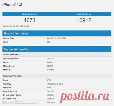 iPhone 11 с 4 ГБ оперативки засветился в Geekbench Судя по скриншоту с Geekbench, некий iPhone 11,2 получит 6-ядерный процессор и 4 ГБ оперативной памяти. Есть подозрения, что это необходимо для третьей основной камеры. Новый флагман набрал в бенчмарке уже 4673 очков в одноядерном и 10912 очков в многоядерном режиме. Для сравнения, iPhone X показал более слабые результаты: 4061 и 9959 очков соответственно. Годом ранее.