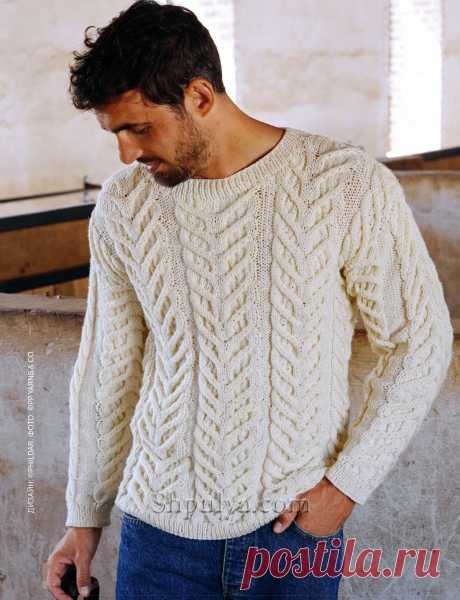 Мужской пуловер с крупными аранами.
Размеры: S M L XL XXL. Обхват груди: 82–89 90–97 98–105 106–115 116–125 cм. Ширина переда и спинки изделия: 91 97 105 113 121 cм.