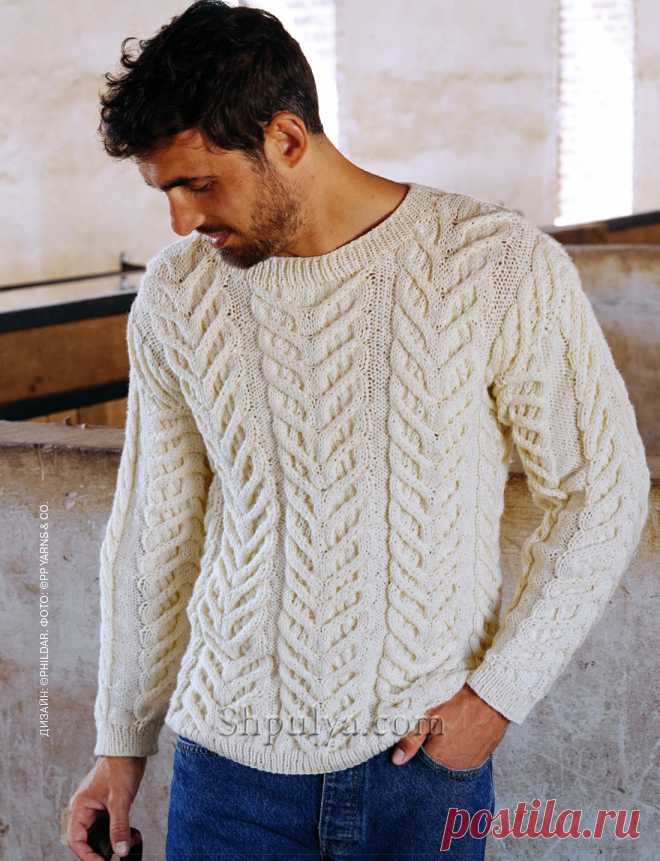 Мужской пуловер с крупными аранами.
Размеры: S M L XL XXL. Обхват груди: 82–89 90–97 98–105 106–115 116–125 cм. Ширина переда и спинки изделия: 91 97 105 113 121 cм.