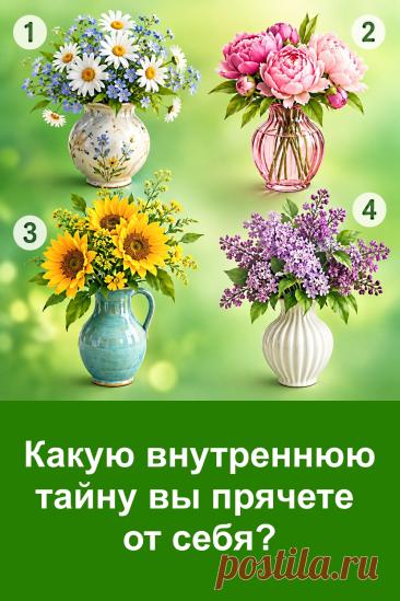Какую внутреннюю тайну вы прячете от себя? Иногда мы не замечаем собственных желаний, переживаний и мыслей, которые прячутся глубоко внутри. В этом психологическом тесте четыре красивые вазы с цветами, и каждая связана с определённым результатом. Внимательно рассмотрите картинку, прислушайтесь к своим первым ощущениям, запомните номер понравившейся композиции и переходите к статье. Возможно, результат заставит вас взглянуть на себя немного иначе.