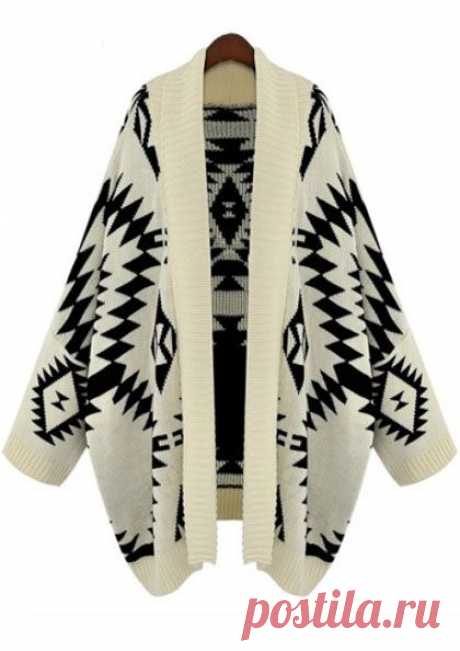 Apricot Batwing Long Sleeve Geometric Cardigan Sweater - Sheinside.com