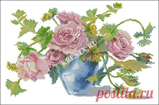 Схема вышивки крестом 'Букет роз в синем кувшине'. Скриншот на Крест X.ru