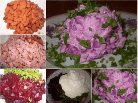 Великолепный салат "Бордо"
Необходимо: 
1 свекла, 
1 банка консервированной фасоли, 
200 г копченого мяса или колбасы, 
пучок зелени, 
соль и молотый перец по вкусу, 
майонез или сметана (вкуснее, если добавлять их в равных пропорциях). 
Приготовление: 
1. Свеклу отварить, почистить и порезать кубиком. Свеклу так же можно запечь в фольге. 
2. Копченое мясо отделить от костей и кожи. Порезать кубиком. Вместо мяса можно использовать копченую колбасу. 
3. Зелень измельчить. Из баки с фасолью слит