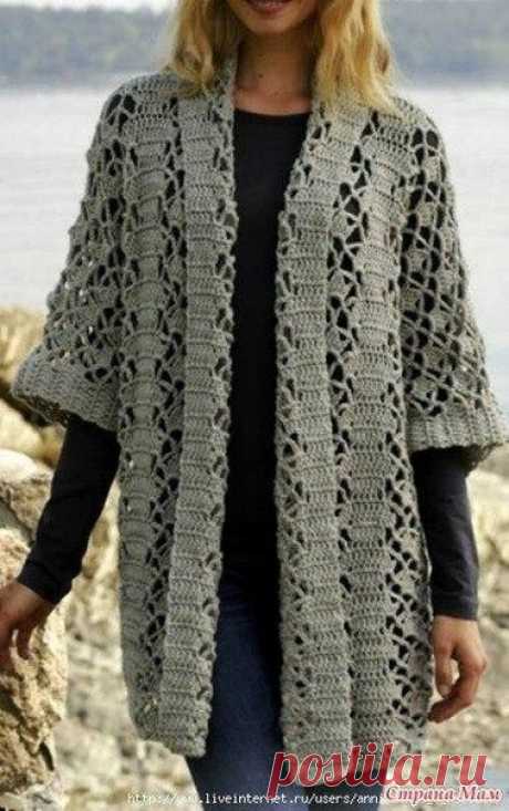 АЖУРНЫЙ КАРДИГАН
Материалы
Пряжа DROPS MERINO EXTRA FINE (состав: 100% шерсть, 50 г/105 м) 11-13-14-15-16-18 мотков, крючок 5 мм

Плотность вязания
14 ст. с/2н = квадрат 10 см
А.2 = 7.5 см
Спинка Набрать 83-87-93-101-111-121 возд. п. и вязать по схеме А.1 на первых 8-ми возд. п.
Примечание: начать следует с 3-х возд. п. вместо 1 ст. с/2н.
Продолжить по схеме А.2 на след. 12-12-12-12-24-24 возд. п.,
далее по схеме А.3 на след. 5-ти возд. п., вязать по 1 ст. с/2н в каждую из...