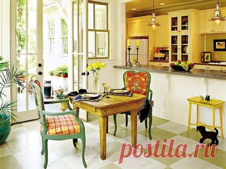 Кухня с верандой и барной стойкой
