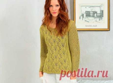 Пуловер цвета карри Пуловер цвета карри выполнен спицами из смесовой пряжи, шерсть и хлопок отлично объединяются в ансамбль и создают комфорт в любую погоду.