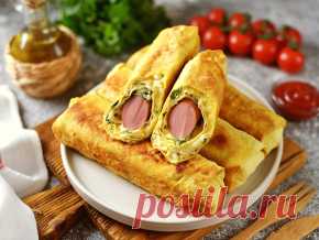 Ленивые пирожки из лаваша с сосиской, яйцом и сыром