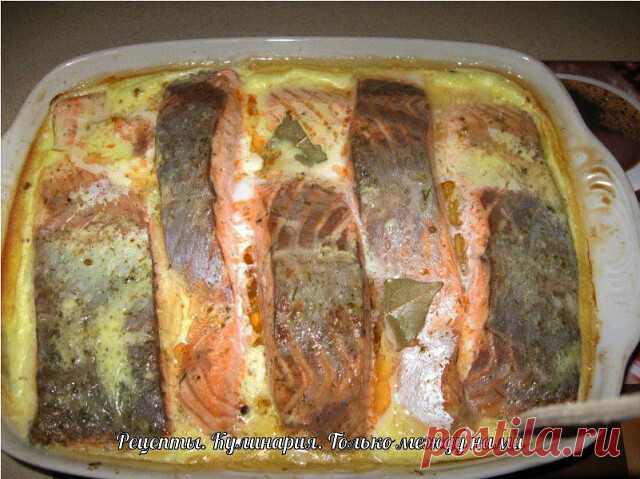 Рыба, запеченная в сметане 
Ингредиенты: 
- 2 кг рыбы (хек, минтай) 
- 3 головки лука 
- 2 яйца 
- 150 г сыра твердых сортов 
- 400 г сметаны 
- растительное масло 
- мука 
- маленький пучок укропа 
- специи, соль и горчица по вкусу 
Приготовление: 
1. Рыбу помыть, почистить, нарезать небольшими кусочками. 
2. Сделать панировку: в плоское блюдо насыпать муку, соль, специи и перемешать. 
3. В панировке обвалять кусочки рыбы и выложить на противень с бортиками. 
4. Нарезать ...