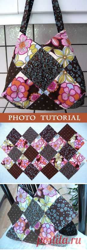 (3) This patchwork bag is made using charm squares and has a great shape due to the way that fabric squares are sewn together. http://www.handmadiya.co…