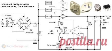 Мощный блок питания на напряжение 5-35В и ток 5A-30A и более (LM338, 741)