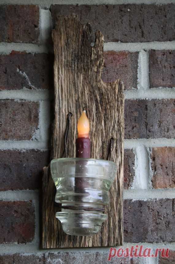 Barn Wood Recycled Candle Sconces with Glass Insulator