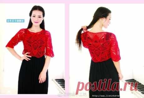 КРАСНЫЙ АЖУРНЫЙ ДЖЕМПЕР - МЕДУЗА. КРЮЧОК