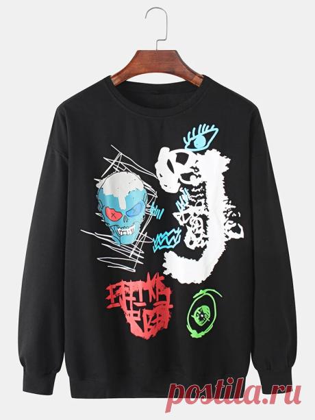 Cotton Mens Graffiti Print Round Neck Pullover Long Sleeve Sweatshirts - US$27.99