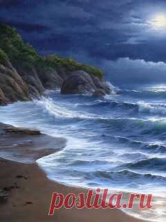 Скачать 240x320 Берег, море, волны, луна, костер, искусство обои, картинки Mobile Phone 240x320