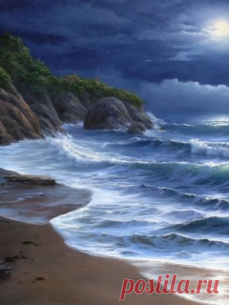 Скачать 240x320 Берег, море, волны, луна, костер, искусство обои, картинки Mobile Phone 240x320