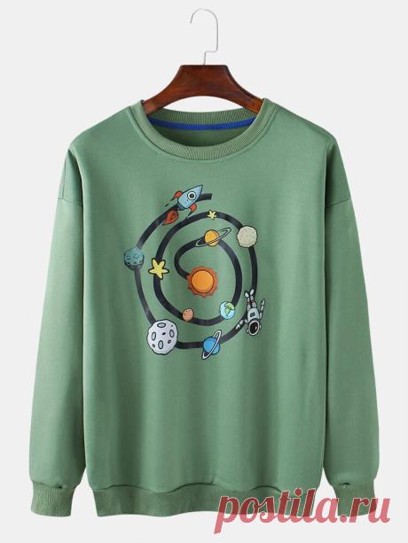 Mens Cotton Cartoon Rocket Planet Print Pullover Round Neck Long Sleeve Sweatshi - US$22.99