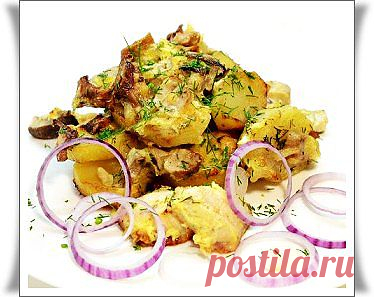 Запеченный картофель с грибами и курицей.