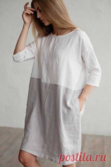 Loose fit Stonewashed linen dress. Color block dress. White and gray linen tunic.