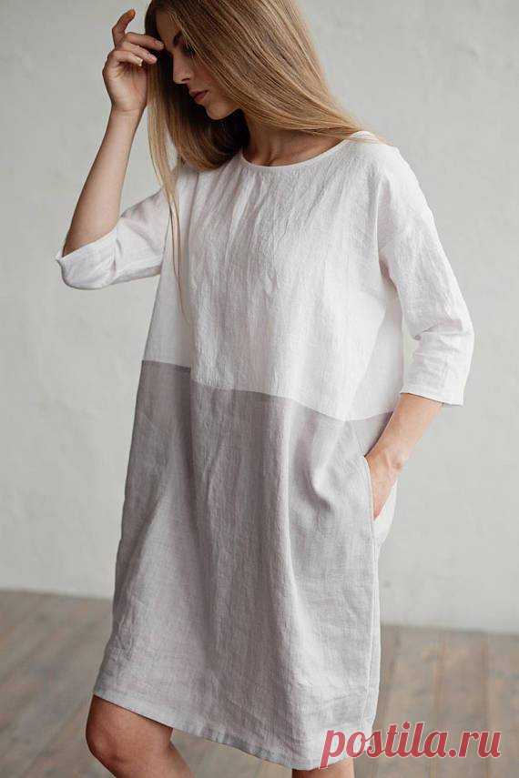 Loose fit Stonewashed linen dress. Color block dress. White and gray linen tunic.