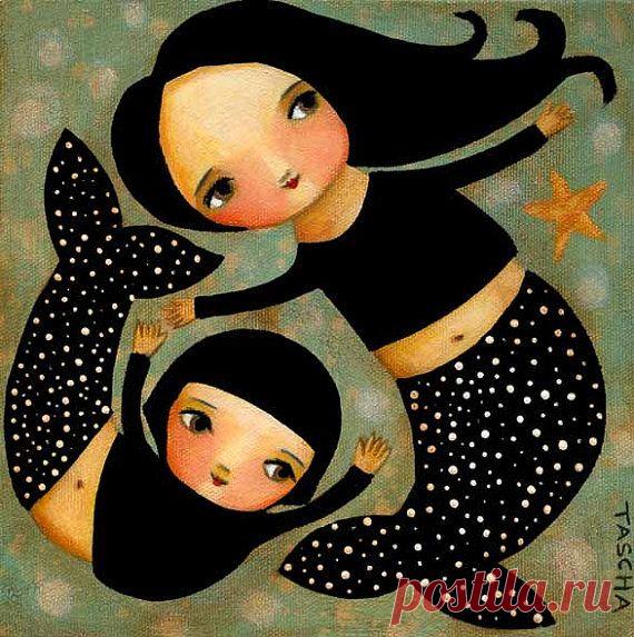 PRINT Mermaid Mama and Daughter cute print made from my folk art painting by tascha