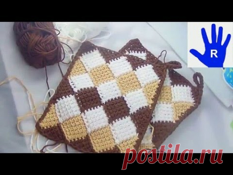 Tunesisch Häkeln - Entrelac-Topflappen Umrandung - Veronika Hug - YouTube
