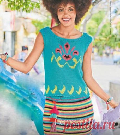 Комплект из топа с цветным рисунком и полосатой юбки схема спицами » Люблю Вязать