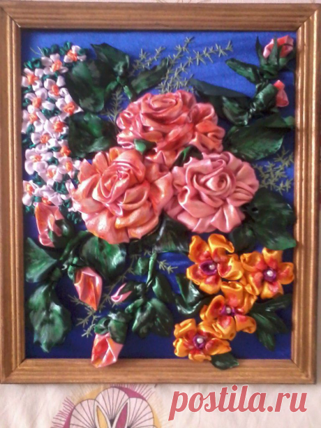 картина из атласных лент,в такой вариации можно сшить декоративные подушки.