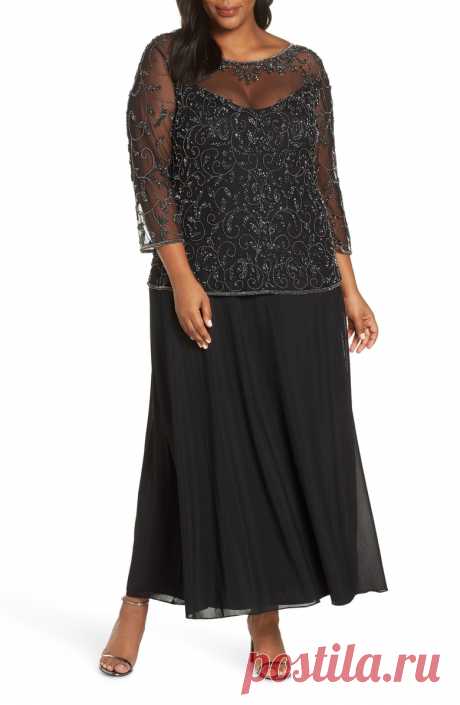 Pissaro Nights Beaded Mesh Mock Two-Piece Gown (Plus Size) | Nordstrom Free shipping and returns on Pissaro Nights Beaded Mesh Mock Two-Piece Gown (Plus Size) at Nordstrom.com. Glinting sequins and beadwork swirl across the airy mesh bodice of an elegant chiffon gown left sheer at the yoke and sleeves for skin-baring allure.