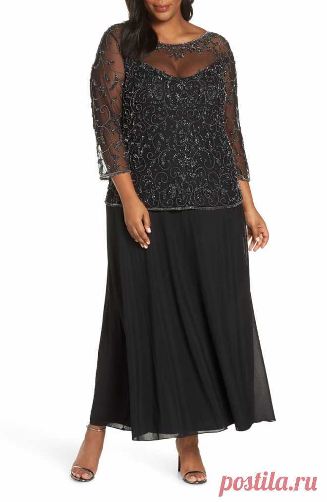 Pissaro Nights Beaded Mesh Mock Two-Piece Gown (Plus Size) | Nordstrom Free shipping and returns on Pissaro Nights Beaded Mesh Mock Two-Piece Gown (Plus Size) at Nordstrom.com. Glinting sequins and beadwork swirl across the airy mesh bodice of an elegant chiffon gown left sheer at the yoke and sleeves for skin-baring allure.