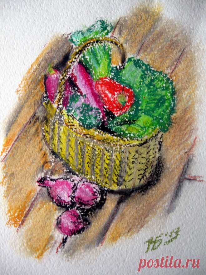 Корзина с овощами. Масляная пастель.