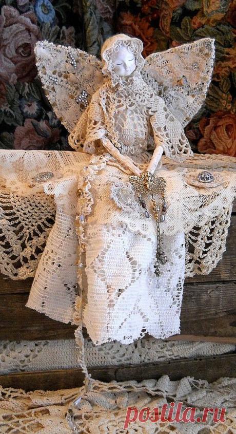 Angel Art Doll, Handmade of Paper Clay, Fabric Body, Vintage Crochet