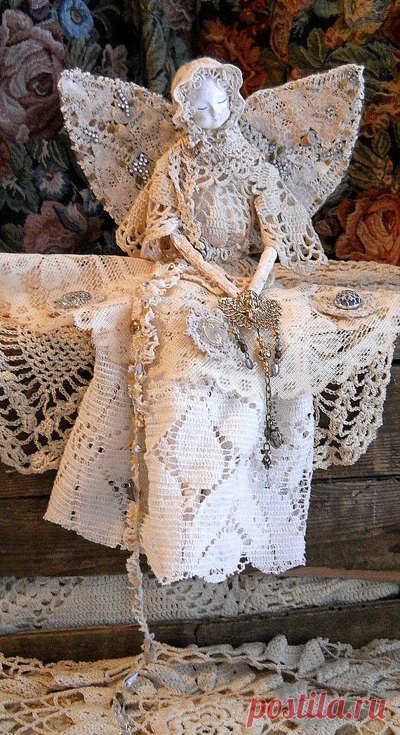 Angel Art Doll, Handmade of Paper Clay, Fabric Body, Vintage Crochet