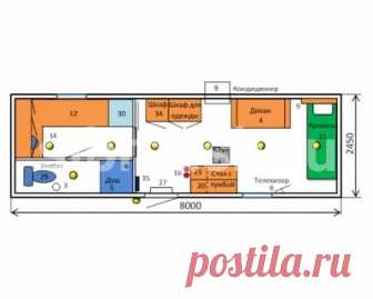 Жилой вагон-дом на 1 человека Вагон включает тамбур, жилую комнату, санузел с душевой и кухню. Оснащен кроватью, диваном, офисным столом, мебелью для хранения вещей, приготовления и приема пищи. Среди бытовой техники — бойлер, телевизор, холодильник, микроволновая печь.