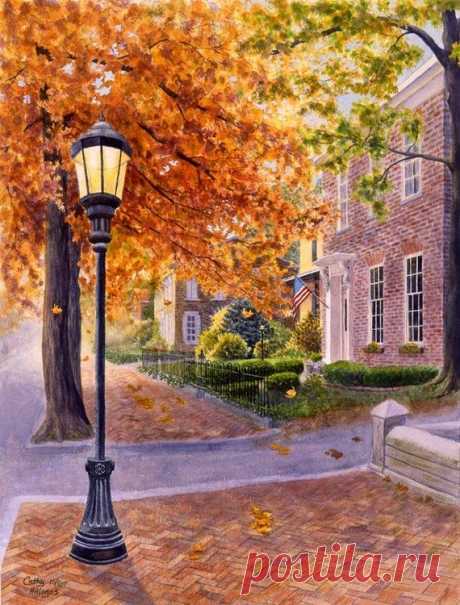 Autumn Victorian street, watercolor painting print by Cathy Hillegas,16x22, New…